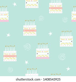 Seamless pattern with white cake and candles. Cute holiday print. Vector hand drawn illustration.