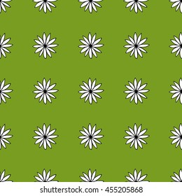 Seamless pattern with white camomile on green background. Vector eps 10. Hand drawn graphics.