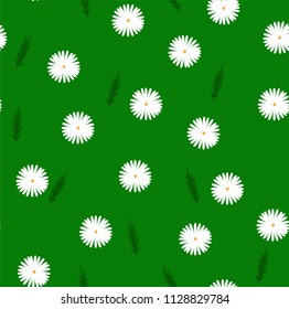seamless pattern with white camomiles with green leaves  on background like polka dot