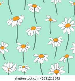 Seamless pattern with white camomiles and green stems on light green background, could be used as texture, wallpaper, print