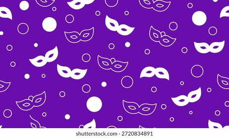 Seamless pattern of white carnival masks and confetti on a dark purple background, ideal for party and festival designs.