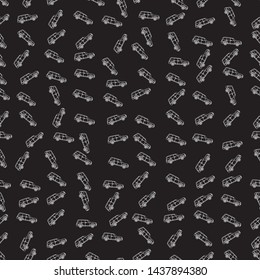 Seamless pattern. White cars on a black background. Automotive and transportation techno theme. EPS 10 vector illustration. Repeating texture. Drawing for textile, fabric, cover, card.