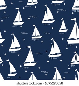 Seamless pattern with white cartoon boats on biue background