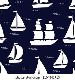Seamless pattern with white cartoon boats on biue background