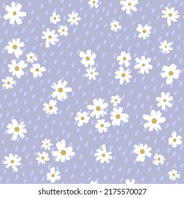 Patrón sin foco con flores y puntos de dibujos animados blancos. Impresión veraniega floral. Ilustración dibujada a mano por vectores.