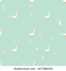 Seamless pattern. White cartoon geese on abstract turquoise background with dots, lines and round shapes around.