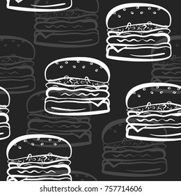 Seamless pattern with white cartoon hamburgers and gray shadows on black background. Cute fast food burger texture for fastfood banner, textile, wrapping paper, package, cover