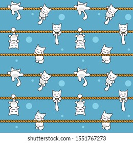 Seamless pattern with white cartoon kittens hanging on orange ropes on a blue background with light blue circles.