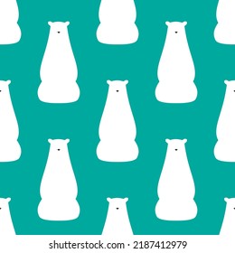 Seamless pattern with white cartoon polar bear sitting in harmony. vector flat ornament on blue background. north winter symbol. Christmas toy. Yoga bear. 