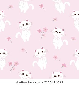 seamless pattern of white cat with bow and pink flower around on pink background ,vector , illustration