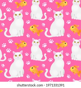 Seamless pattern with white cat and goldfish.