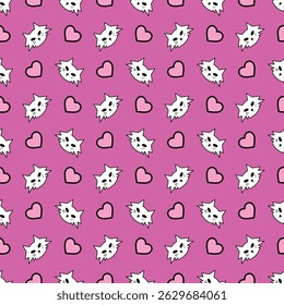 Patrón sin fisuras con gato blanco y corazones rosados. Patrón de amor de gato