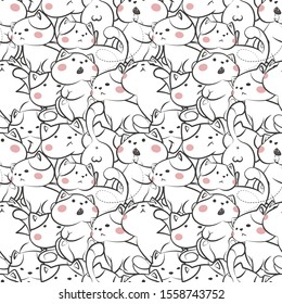 Seamless pattern. White cats. Cute cats with pink cheeks. Black outline.