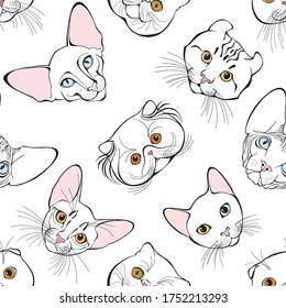  Seamless pattern with white cats of different breeds. Hand-drawn vector illustration on white. Animal art background. 