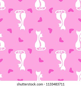 Seamless pattern of white cats in love  with pink hearts.  For design on Valentines Day or wedding. Vector illustration