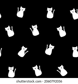 Seamless pattern with white cats on black background,hand drawn flat illustration for kids fabric,nursery and interior decoration,print as wrapping paper,fabric,textile,fashion,cover design,cats day.