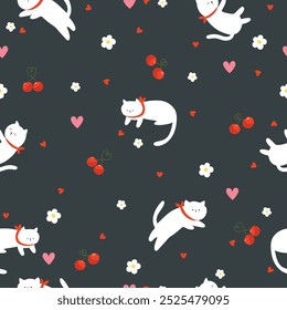 Seamless pattern with white cats, red cherries and hearts on black background. Kids illustration.