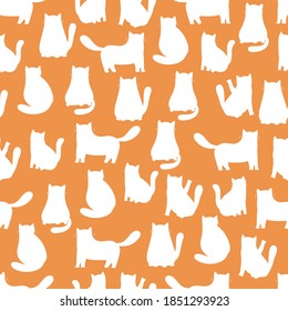 Seamless pattern with white cats silhouette on orange background. Perfect for print on fabrics, paper, wallpaper and scrapbooking. Vector illustration.