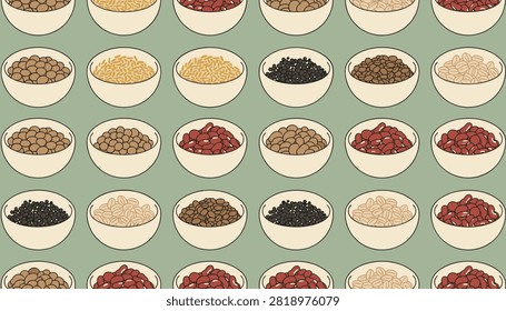 Seamless pattern of white ceramic bowls filled with various grains, beans, and seeds on a soft green background.
