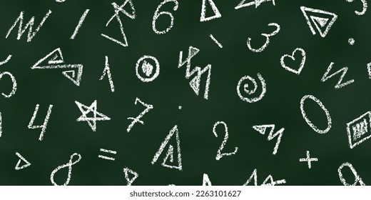 Seamless Pattern of White Chalk Drawn Sketches Numbers on Green Chalkboard. Continuous Background of Realistic Crayon-Drawn Handwriting Scribbles on Blackboard.