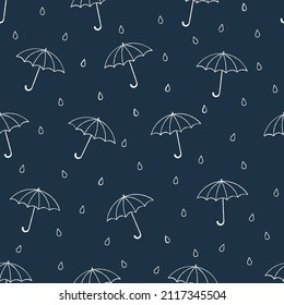 Seamless pattern with white chalk outline umbrellas and rain drops. Vector illustration