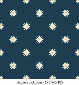 Patrón sin foco con una camomila blanca, marea sobre un fondo azul oscuro. En verano, el patrón minimalista con flores. Patrón de papel de embalaje, papel, textiles, antecedentes, sitios web.