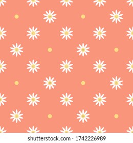Patrón incomparable de una camomila blanca con sonrisa y un punto de polka sobre el fondo del color. Ilustración vectorial de verano para papel envolvente, papel pintado, tela, textil y más.