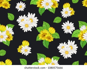 Seamless pattern with white chamomiles on dark background. Vector floral illustration for textile, print, wallpapers, wrapping.