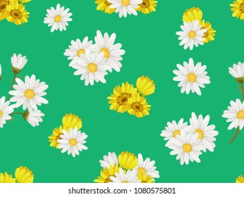 Seamless  pattern with white chamomiles  on light green background. Vector floral illustration for textile, print, wallpapers, wrapping.