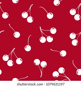 Seamless pattern with white cherries on red background. Vector illustration. Summer  bright Vector illustration good for printing. Food ornament