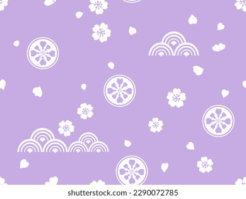 Seamless pattern with white cherry blossom Sakura flower and water wave sign on purple background vector illustration.