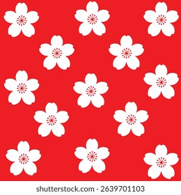 Seamless Pattern of White Cherry Blossom Flowers on a Red Background