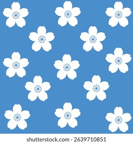 Seamless Pattern of White Cherry Blossom Flowers on a Bright Blue Background