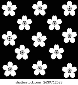Seamless Pattern of White Cherry Blossom Flowers on a Dark Black Background