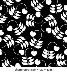 seamless pattern with white cherry blossom branches and leaves on a black background.vector illustration