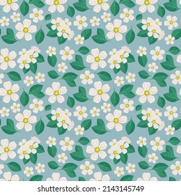 Seamless pattern with white cherry flowers on branch with leaves on blue background. Print of spring decoration, flowering fruit tree plant. Vector flat illustration