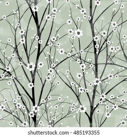 Seamless pattern with white cherry tree blossom and mint green background