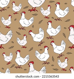 Seamless Pattern With White Chicken Cartoon Character On Brown