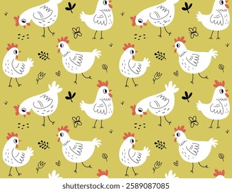 Seamless pattern with white chickens