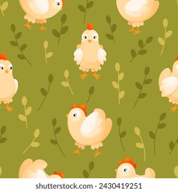 Seamless pattern with white chickens on a green meadow with foliage. Seamless pattern with domestic farm poultry on the lawn. Texture, background suitable for Easter card, textile, wrapping paper