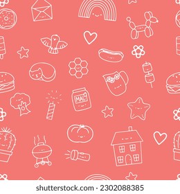 A seamless pattern with white children's doodle pictures on a pink background. Vector illustration in cartoon style for clothes, wallpaper, fabric EPS 10