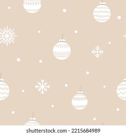 Seamless pattern with white  Christmas balls with ornament, snowflakes on craft, beige background. Vector illustration, print for packaging, fabrics, wallpapers, textiles, web, decor, new year design.