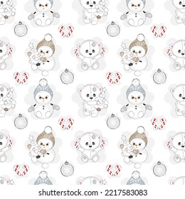 Patrón sin inconvenientes con oso blanco de Navidad y muñeco de nieve, ilustración vectorial