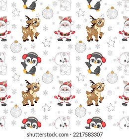 Seamless pattern with white Christmas bear penguin santa claus and reindeer, vector illustration