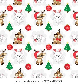 Seamless pattern with white Christmas bear and reindeer, vector illustration