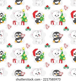 Seamless pattern with white Christmas bear and penguin, vector illustration