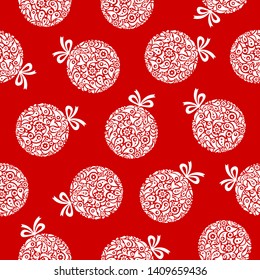 Seamless pattern with white Christmas decorations on red background. Vector. Perfect for gift wrap and design.