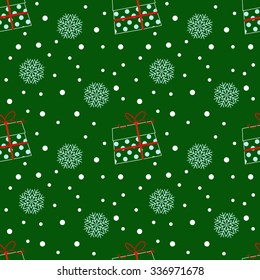 Seamless pattern with white Christmas gifts and snowflakes, on green background.