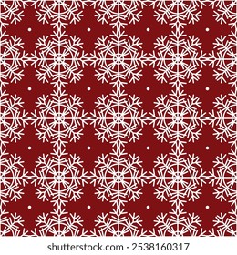 Patrón sin fisuras de copos de nieve de Navidades blancas sobre un fondo rojo