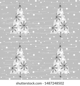Seamless pattern with white Christmas trees with snowflakes on a gray background, textured, artistic. Vector illustration for textile, surface, packaging, packaging design.

